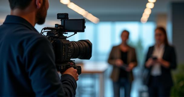 Image representing a corporate video production project showing a camera crew filming a scene