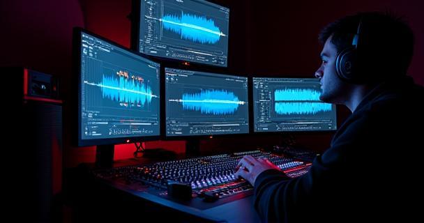 Image representing a film sound mixing project showing audio waveforms and video footage on screens