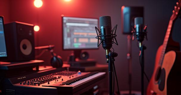 Image representing a music album production project showing recording equipment and musical instruments